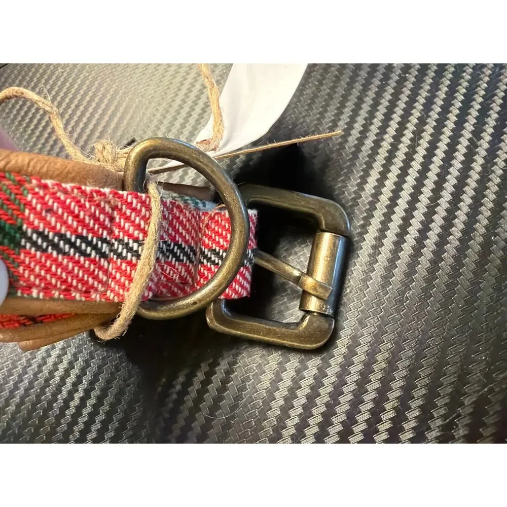 NWT Creative Co-op Cotton & Leather Extra Small Red Plaid Dog Collar
